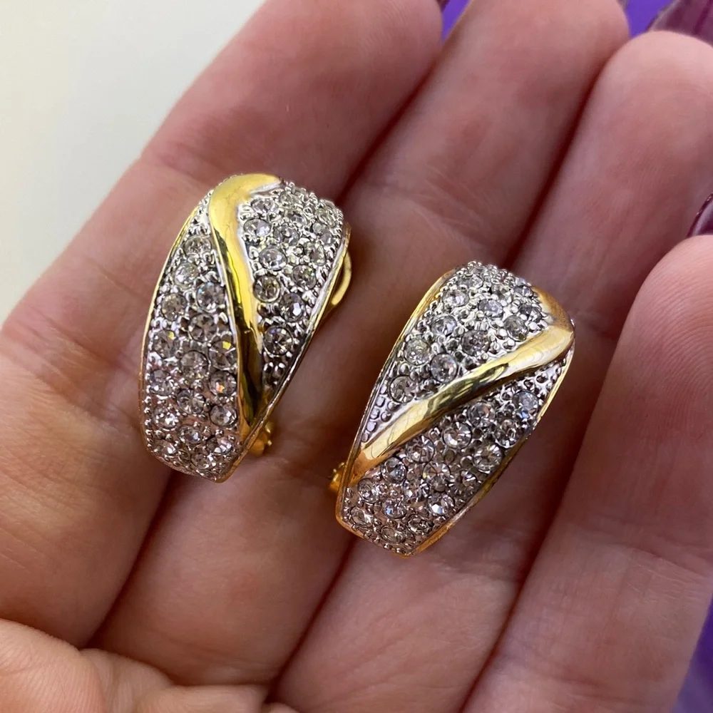 💛 Classic Gold Plated Crystal Pavé "S" Curve Hoop Earrings | Golden Radiance - Picture 2 of 5